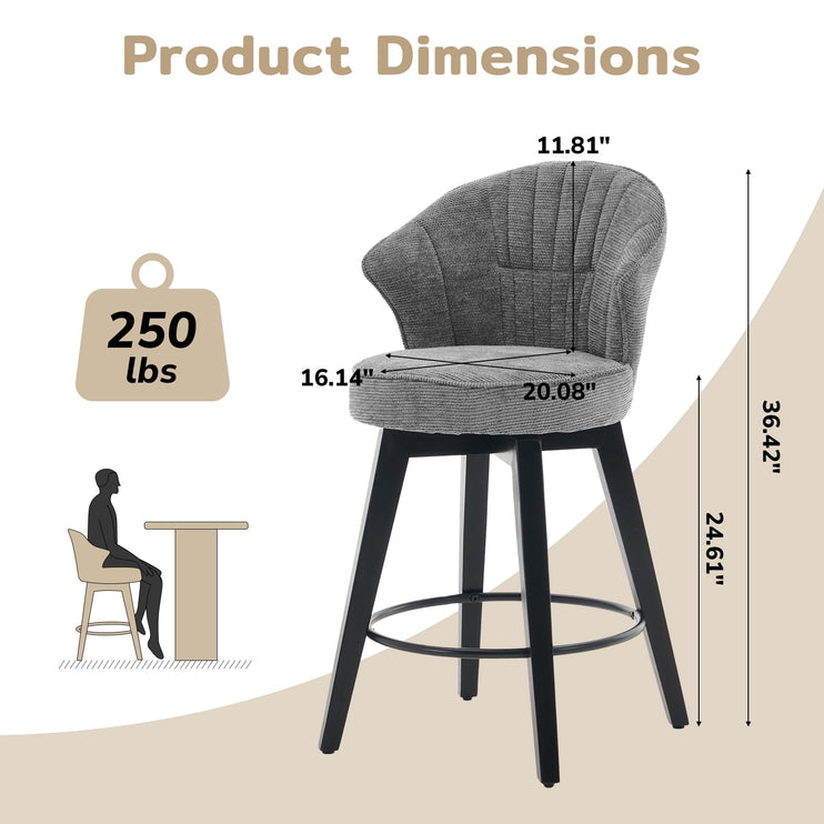 Bar Stools Set of 2, 25" Counter Height Stools, 360° Swivel Bar Stools, Stools for Kitchen Counter, Barstools Set of 2 with Wood Legs & Chenille Upholstery for Pub & Dining Room-Grey