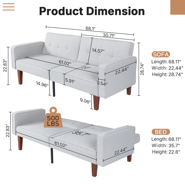 Futon Sofa Bed Futon Couch Loveseat, Convertible Recliner Lounge with Adjustable Backrest, Foam and Spring Cushions for Living Room Apartment Office, Light Gray, Fabric