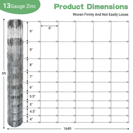 5ft x 164ft Farm Fence, Wire Fence Rolls, Galvanized Farm Fence, Cattle Fence, Hog Wire Fence Panels, Heavy Duty Wire Mesh for Deer, Pig, Sheep Enclosure for Yard, Garden, Field Use-13 Gauge