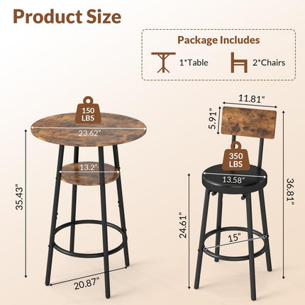 3 Pieces Round Bar Table Set, Small Dining Table for 2, Modern Kitchen Bar Table, Breakfast Table with Storage, 2 Thickened Cushion Stools with Backrest for Dining Room, Bistro-Brown