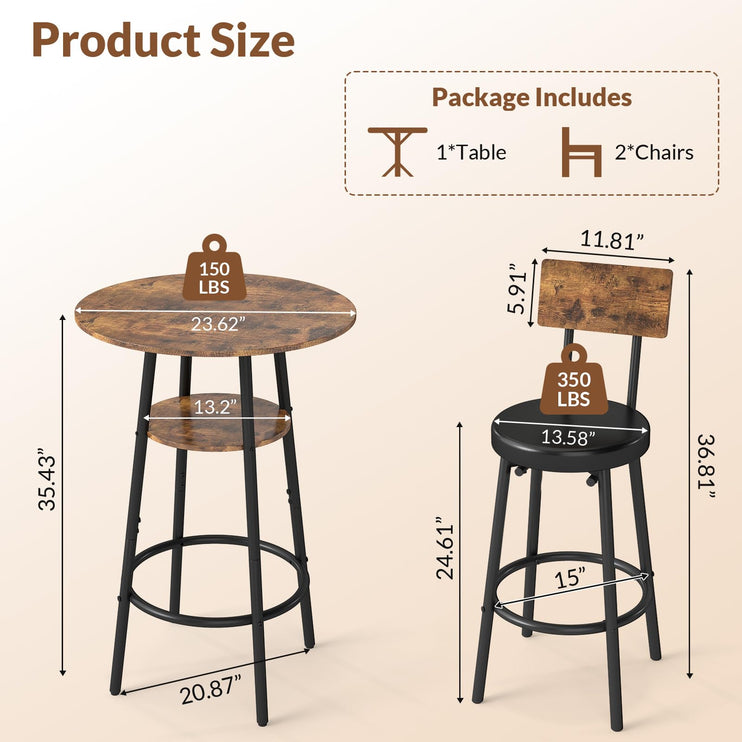 3 Pieces Round Bar Table Set, Small Dining Table for 2, Modern Kitchen Bar Table, Breakfast Table with Storage, 2 Thickened Cushion Stools with Backrest for Dining Room, Bistro-Brown