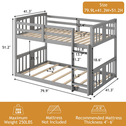 Wooden Bunk Bed Twin Over Twin, Low Bunk Bed, Solid Pine Wood Bed Frame with Built-in Ladder, Convertible Bed Frame That Separates into 2 Twin Beds, Floor Bunk Bed for Bedroom, Gray