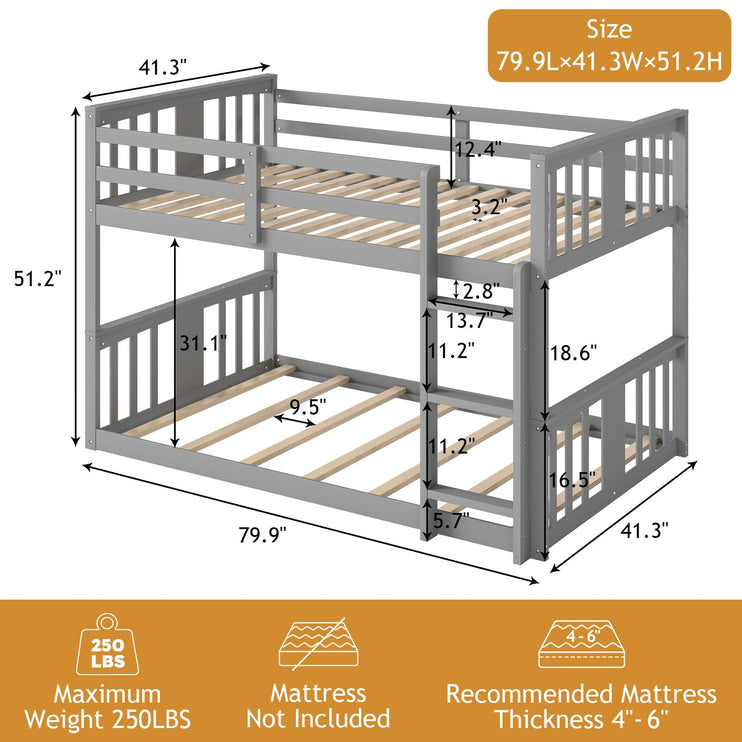 Wooden Bunk Bed Twin Over Twin, Low Bunk Bed, Solid Pine Wood Bed Frame with Built-in Ladder, Convertible Bed Frame That Separates into 2 Twin Beds, Floor Bunk Bed for Bedroom, Gray