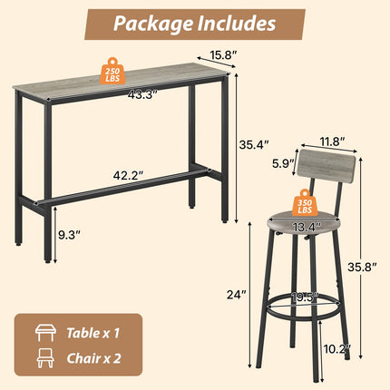Dining Table Set for 2, 3-Piece Bar Table and Chairs Set, Kitchen Table and Chairs, High Top Table with 2 PU Upholstered Stools, Space-Saving Pub Table Sets for Small Space, Gray