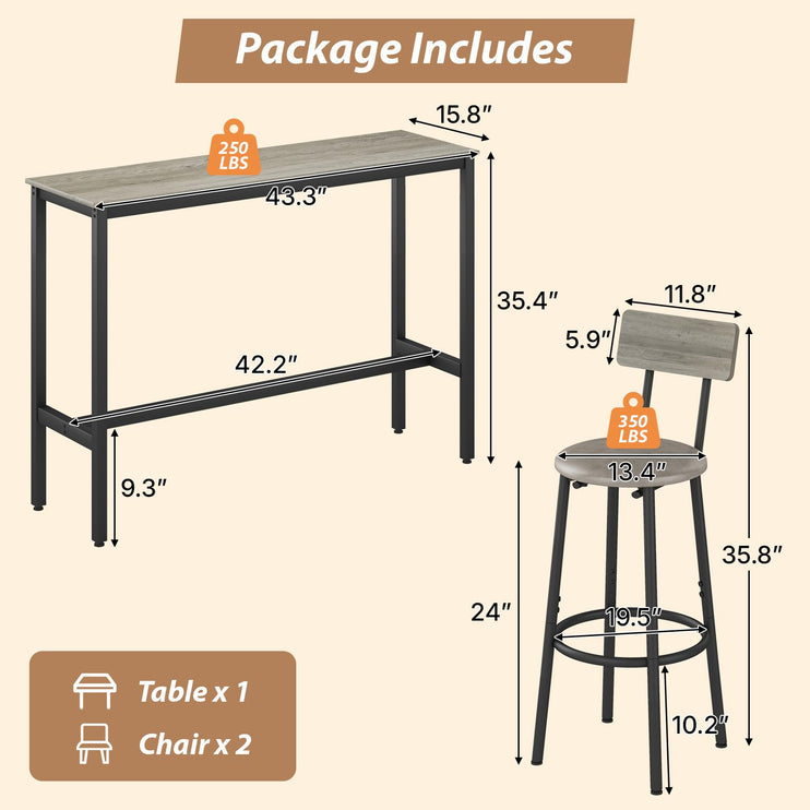 Dining Table Set for 2, 3-Piece Bar Table and Chairs Set, Kitchen Table and Chairs, High Top Table with 2 PU Upholstered Stools, Space-Saving Pub Table Sets for Small Space, Gray
