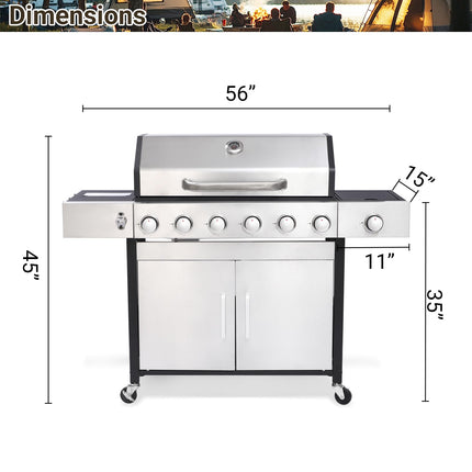 7 Burner Gas Grill with Side Burner, Dual-sided Frying Plate, Thermometer, Wheels, Side Tables, Stainless Steel Burner, 65,910 BTU Outdoor Grill for Patio, Garden, Balcony