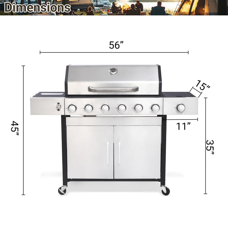 7 Burner Gas Grill with Side Burner, Dual-sided Frying Plate, Thermometer, Wheels, Side Tables, Stainless Steel Burner, 65,910 BTU Outdoor Grill for Patio, Garden, Balcony