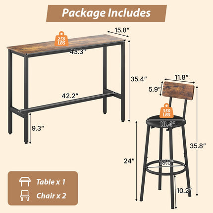 Dining Table Set for 2, 3-Piece Bar Table and Chairs Set, Kitchen Table and Chairs, High Top Table with 2 PU Upholstered Stools, Space-Saving Pub Table Sets for Small Space, Brown