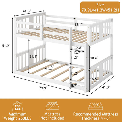 Wooden Low Bunk Bed Twin Over Twin, Solid Pine Bed Frame with Built-in Ladder, Convertible Bed Frame That Separates into 2 Twin Beds, Floor Bunk Bed for Small Spaces, Bedroom, White