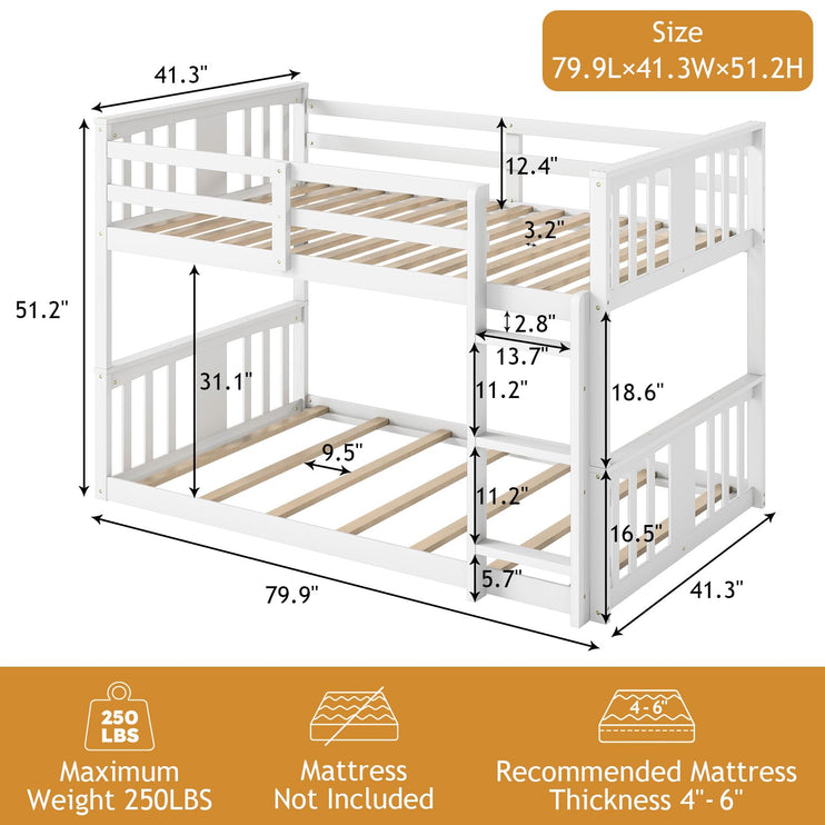 Wooden Low Bunk Bed Twin Over Twin, Solid Pine Bed Frame with Built-in Ladder, Convertible Bed Frame That Separates into 2 Twin Beds, Floor Bunk Bed for Small Spaces, Bedroom, White
