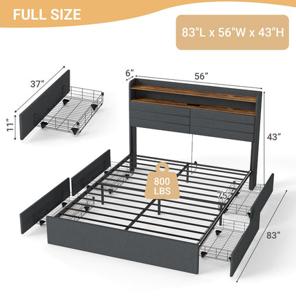 Full Bed Frame with 4 Storage Drawers, Full Size Upholstered Bed Frame with Headboard, LED, Charging Station with USB Ports & AC Outlets, Sturdy Metal Slat Support, No Noise, Dark Gray