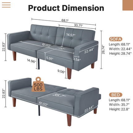 Futon Sofa Bed Futon Couch Loveseat, Convertible Recliner Lounge with Adjustable Backrest, Foam and Spring Cushions for Living Room Apartment Office, PU Leather, Dark Gray