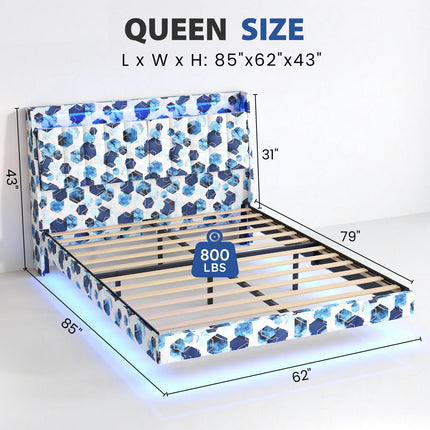 Floating Queen Bed Frame with Storage, Upholstered Platform Bed Frame Queen with LED Lights, Floating Bed Frame with Headboard, Charging Station with USB Ports, No Noise, Blue