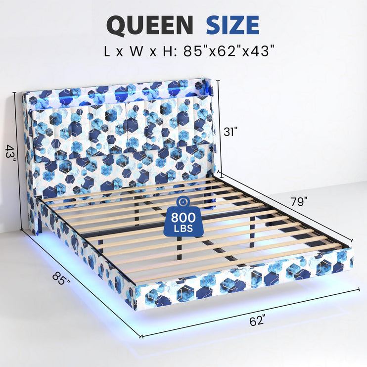 Floating Queen Bed Frame with Storage, Upholstered Platform Bed Frame Queen with LED Lights, Floating Bed Frame with Headboard, Charging Station with USB Ports, No Noise, Blue