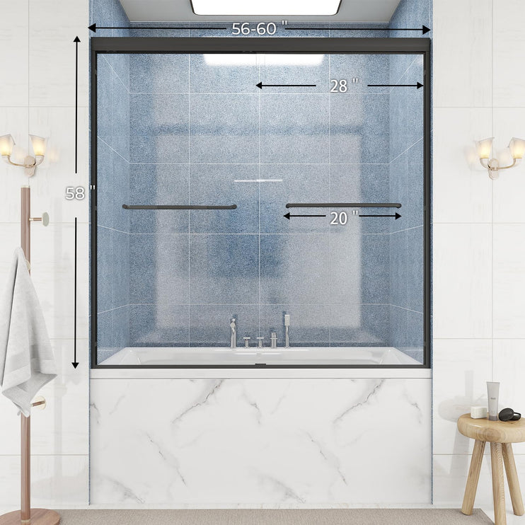 56-60" W Tub Shower Door, Bathtub Sliding Doors, Double Sliding Shower Door w/ 1/4" (6mm) SGCC Shatterproof Tempered Glass, Aluminium Alloy & Stainless Steel, Black