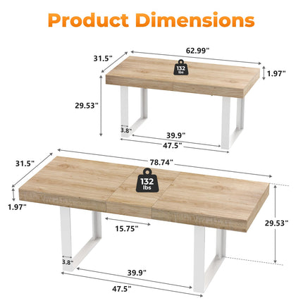 63"-78.7" Expandable Dining Table, 6-10 Farmhouse Kitchen Table, Extendable Dining Table, Rectangular Kitchen Table with Metal Track, Tapered U-Shaped Legs for Dining Room, Office-Oak