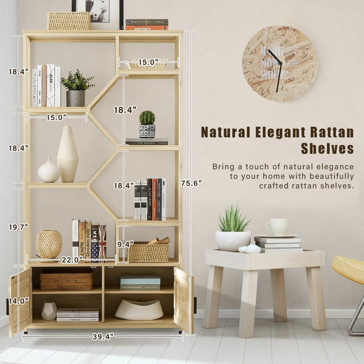 7 Tier Tall Rattan Bookshelf - Modern Open Display Book Shelf & Bottom Cabinet with Door for CDs/Movies/Books, Large Wood Book Case Storage Organizer for Bedroom Home Office Living Room