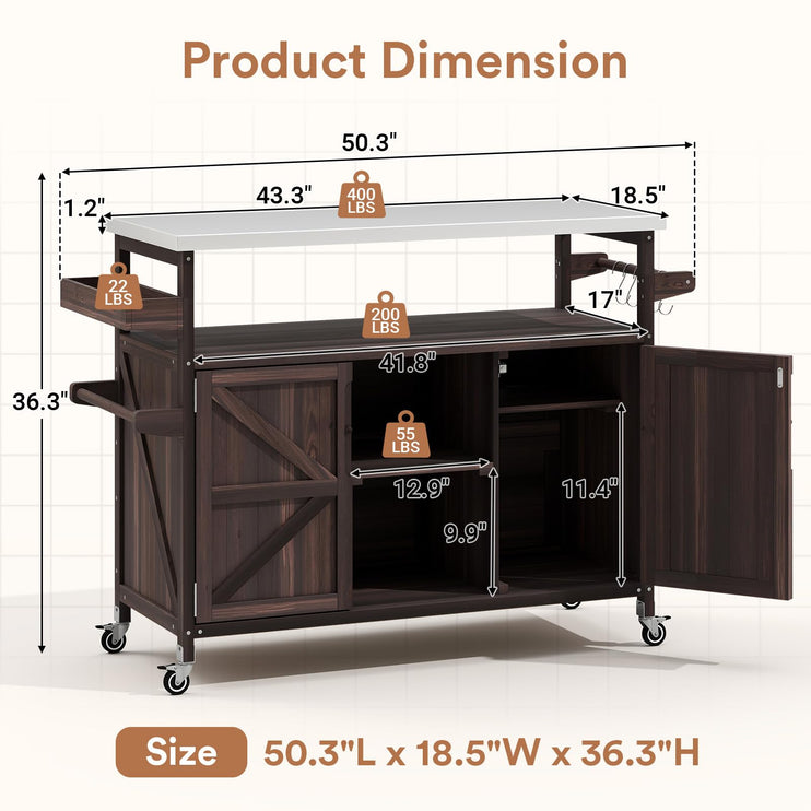 Outdoor Grill Cart with Storage Space, Stainless Steel Tabletop Outdoor Kitchen Island, Fir Wood Outdoor Buffet Cabinet with Lockable Casters for Grilling, Brown