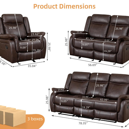 3-Piece Recliner Sofa Set, 1+2+1, 1+3+1, 1+2+3 Pieces in Living Room, Loveseat Sofa, Recliner Chair & Sofa Set with PU Leather, Cup Holders, Backrest & Angle Adjustment for Office & Home Theater, Brown Seat