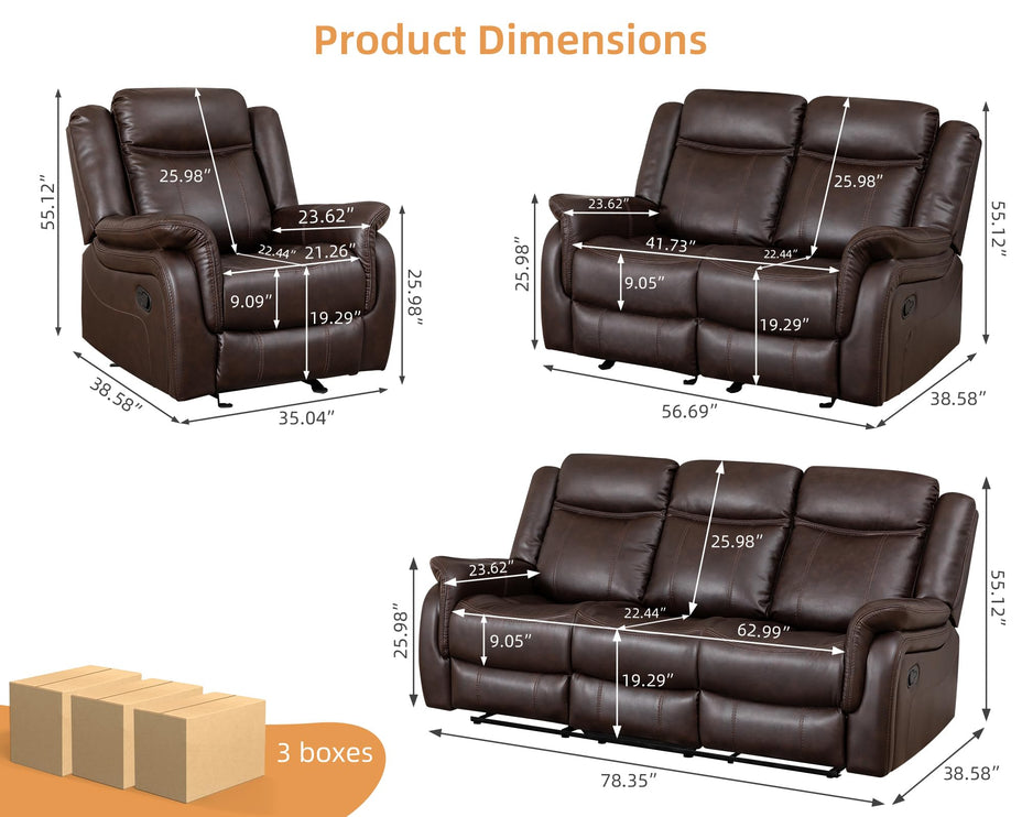 3-Piece Recliner Sofa Set, 1+2+1, 1+3+1, 1+2+3 Pieces in Living Room, Loveseat Sofa, Recliner Chair & Sofa Set with PU Leather, Cup Holders, Backrest & Angle Adjustment for Office & Home Theater, Brown Seat