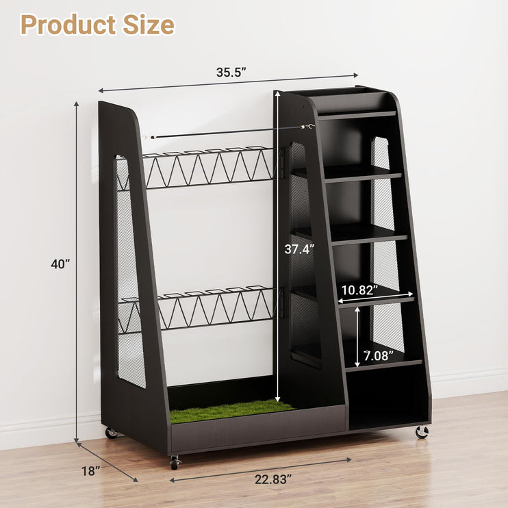 Wooden Golf Bag Organizer and Storage Rack, 2 Golf Bag Storage Rack with Wheels, Golf Storage Organizer for Garage, Suitable for Garage Home Golf Club, Black