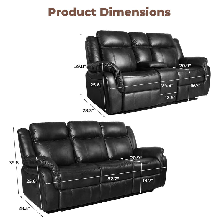 Leather Manual Recliner Sofa Set, Reclining Sofa Chair with Adjustable Angle, Living Room Furniture Sets, Includes Single Recliner Chair and Loveseat Sofa, Black