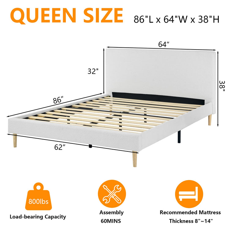 Upholstered Bed Frame Full/Queen, Velvet Upholstered Bed Frame with Headboard, Mattress Foundation with Sturdy Wooden Slats, No Box Spring Needed, No Noise, White