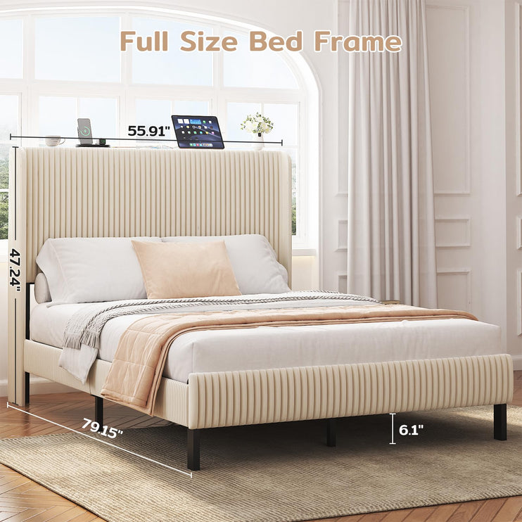 Full Size Velvet Bed Frame with Upholstered Headboard, Tufted Velvet Wingback Storage Headboard, Full Platform Bed Frames w/Charging Station & LED Light, Underbed Storage Space, Beige