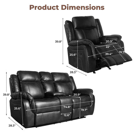 Leather Manual Recliner Sofa Set, Reclining Sofa Chair with Adjustable Angle, Living Room Furniture Sets, Includes Single Recliner Chair and Loveseat Sofa, Black