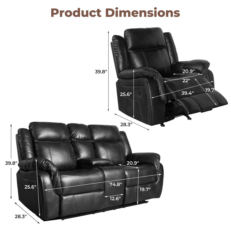 Leather Manual Recliner Sofa Set, Reclining Sofa Chair with Adjustable Angle, Living Room Furniture Sets, Includes Single Recliner Chair and Loveseat Sofa, Black