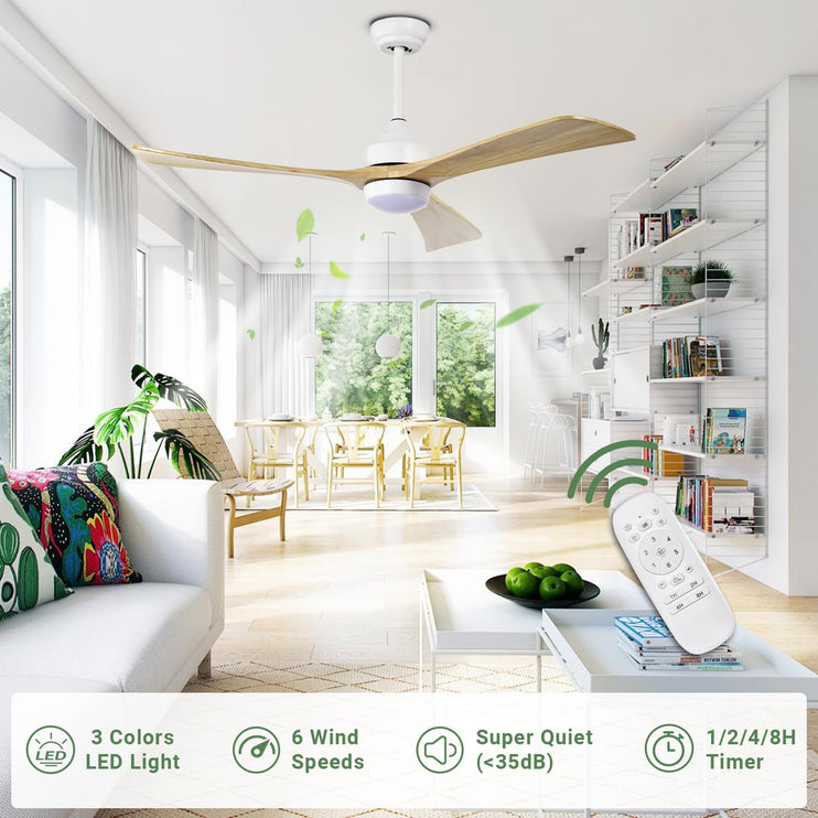 52 Inch Ceiling Fan with Light, Modern Ceiling Fan with Light and Remote, 3 Wooden Blades, Reversible DC Motor, Quiet Ceiling Fan for Bedroom/Living Room/Office, Light Wood