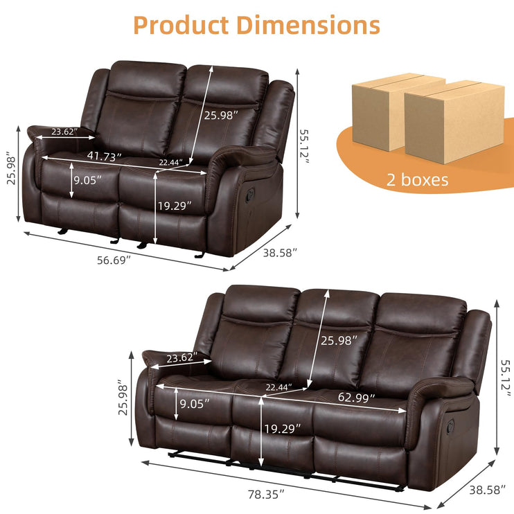 Adjustable Recliner Sofa Set, 2-Piece Reclining Couch (1+3, 2+3), Single Seat Recliner & Sofa Set with PU Leather, Cup Holders, Ergonomic Backrest & Angle Adjustment for Living Room & Office, Brown Seat