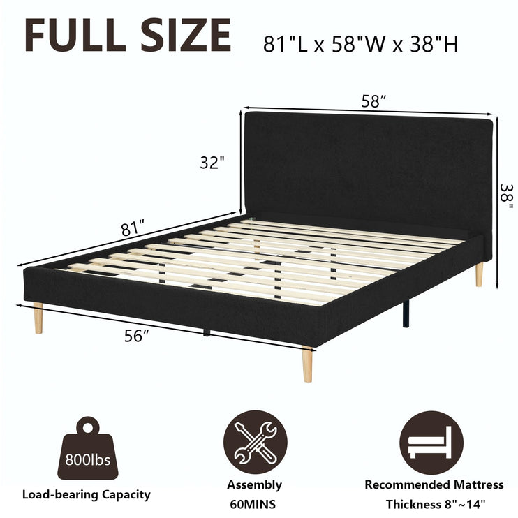 Upholstered Bed Frame Full/Queen/King, Velvet Upholstered Bed Frame with Headboard, Mattress Foundation with Sturdy Wooden Slats, No Box Spring Needed, No Noise, Black