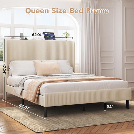 Queen Size Velvet Bed Frame with Upholstered Headboard, Tufted Velvet Wingback Storage Headboard, Queen Platform Bed Frames w/Charging Station & LED Light, Underbed Storage Space, Beige