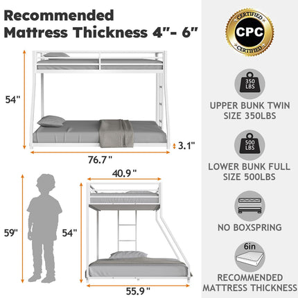 Twin Over Full Bunk Bed, Metal Low Profile Bunkbeds with Full-Length Guardrail and Ladder, Space Saving, No Boxing Spring Needed, White