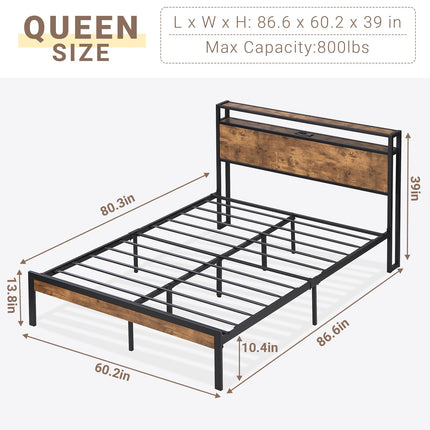 Queen Size Bed Frame with Headboard, Headboard with Charging Station, 2 USB Port & 2 AC Power Outlet, Queen Metal Platfrom Bed Frames No Box Spring Needed, Sturdy & Assembly, Brown