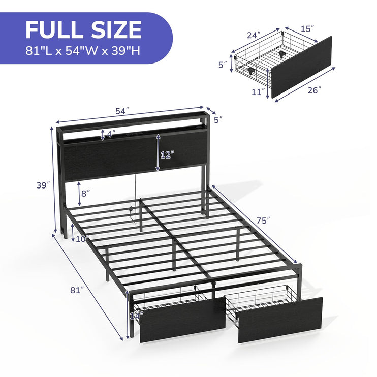 Full Bed Frame with 2 Storage Drawers, Bed Frame Full Size with Headboard, LED Light, Charging Station with 2 USB Ports & 2 AC Ports, Noiseless, Black