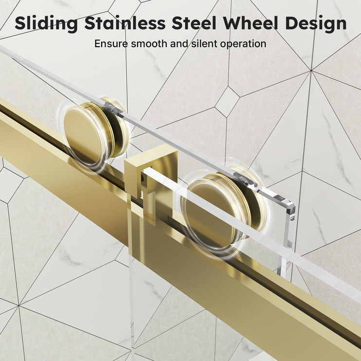 56"-60" W x 76" H Frameless Shower Door, Sliding Shower Door with 1/4" (6mm) Clear Tempered Glass, Silent Soft-Close Shatterproof Shower Doors, Reversible Installation, Aluminum, Gold