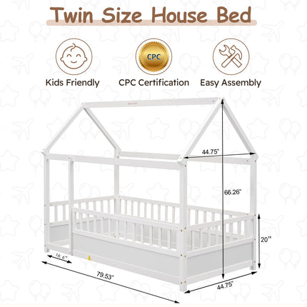 Twin House Bed for Kids, Wooden Montessori Bed with Fence and Roof for Toddlers, Kids Floor Bed Frame for Girls & Boys, Twin Grey