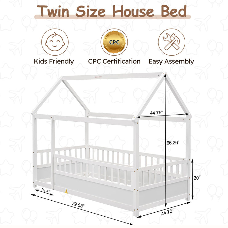 Twin House Bed for Kids, Wooden Montessori Bed with Fence and Roof for Toddlers, Kids Floor Bed Frame for Girls & Boys, Twin Grey