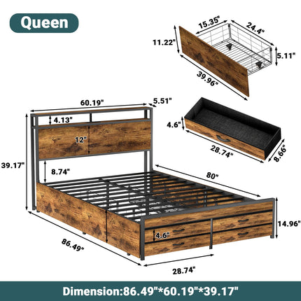 Queen Bed Frame with 8 Storage Drawers, Queen Metal Bed Frame with LED Light and Charging Station, Heavy Duty Metal Slats, No Box Spring Needed, Rustic Brown