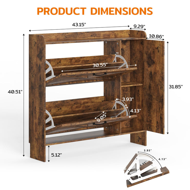 40.51" Shoe Storage Cabinet with 2 Flip Drawers & Side Cabinet, Flip Drawer Shoe Cabinet with Mirror and Adjustable Shelves, Wooden Shoe Organizer Cabinet for Entryway, Livingroom, Brown