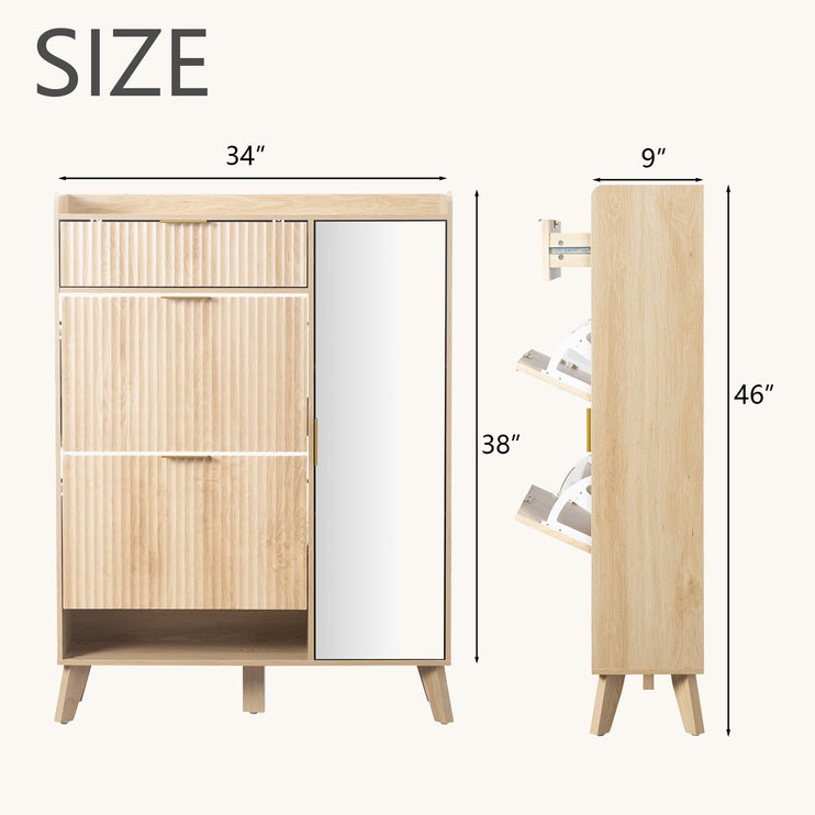 Shoe Storage Cabinet with Mirror, Flip Drawer Shoe Cabinet with Side Cabinet, Anti-Tip Design, Shoe Organizer Cabinet for Entryway, Front Door, Foyer, Hallway, Light Wood Color