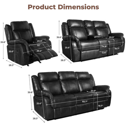 Leather Manual Recliner Sofa Set, Reclining Sofa Chair with Adjustable Angle, Living Room Furniture Sets, Includes Single Recliner Chair and Loveseat Sofa, Black