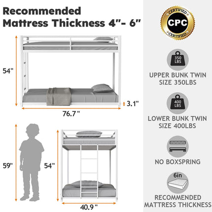 Twin Over Twin Bunk Bed, Metal Low Profile Bunkbeds with Full-Length Guardrail and Ladder, Space Saving, No Boxing Spring Needed, White