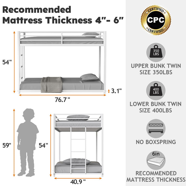 Twin Over Twin Bunk Bed, Metal Low Profile Bunkbeds with Full-Length Guardrail and Ladder, Space Saving, No Boxing Spring Needed, White