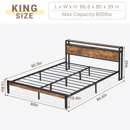 King Size Bed Frame with Headboard, Headboard with Charging Station, 2 USB Port & 2 AC Power Outlet, King Metal Platfrom Bed Frames No Box Spring Needed, Sturdy & Assembly, Brown
