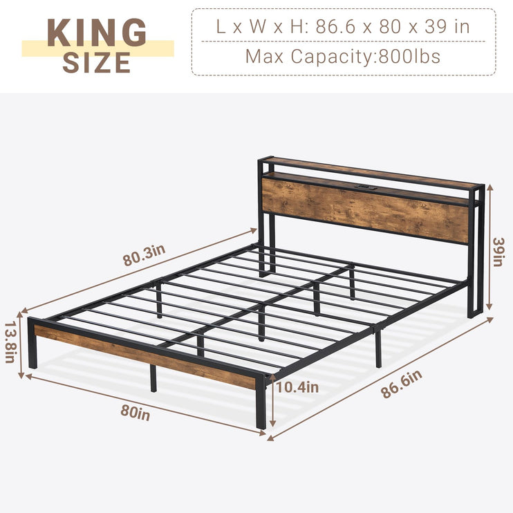 King Size Bed Frame with Headboard, Headboard with Charging Station, 2 USB Port & 2 AC Power Outlet, King Metal Platfrom Bed Frames No Box Spring Needed, Sturdy & Assembly, Brown