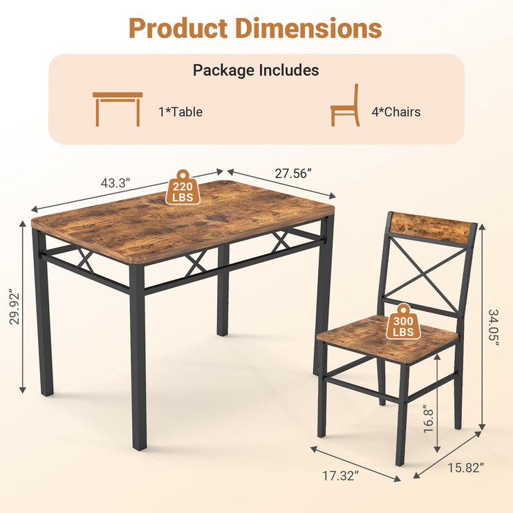 5-Piece Dining Table Set, Dining Table Set for 4, Small Kitchen Table Set for 4, Wood Dining Room Table, with 4 Curved Backrest Chairs, Compact Dining Set for Small Spaces & Kitchen-Brown