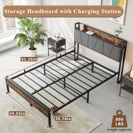 Full Size Bed Frame with Headboard & Charging Station, Full Upholstered Headboard with Storage Shelf, Heavy Duty Metal Platform Bed Frame, No Box Spring Needed, Easy Assembly